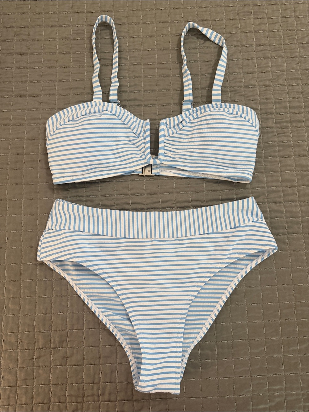 SHEIN Blue and White Striped High Waist Bikini Set